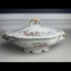 J Pouyat Limoges Vintage Covered Dish Pink Florals  Oval Covered  Casserole